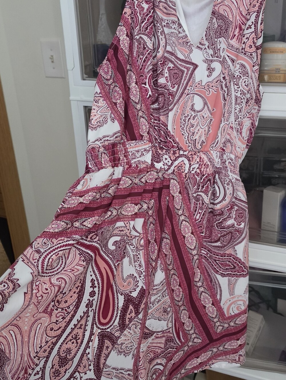 NY&C (New York & Company) sleeveless printed romper with a paisley pattern